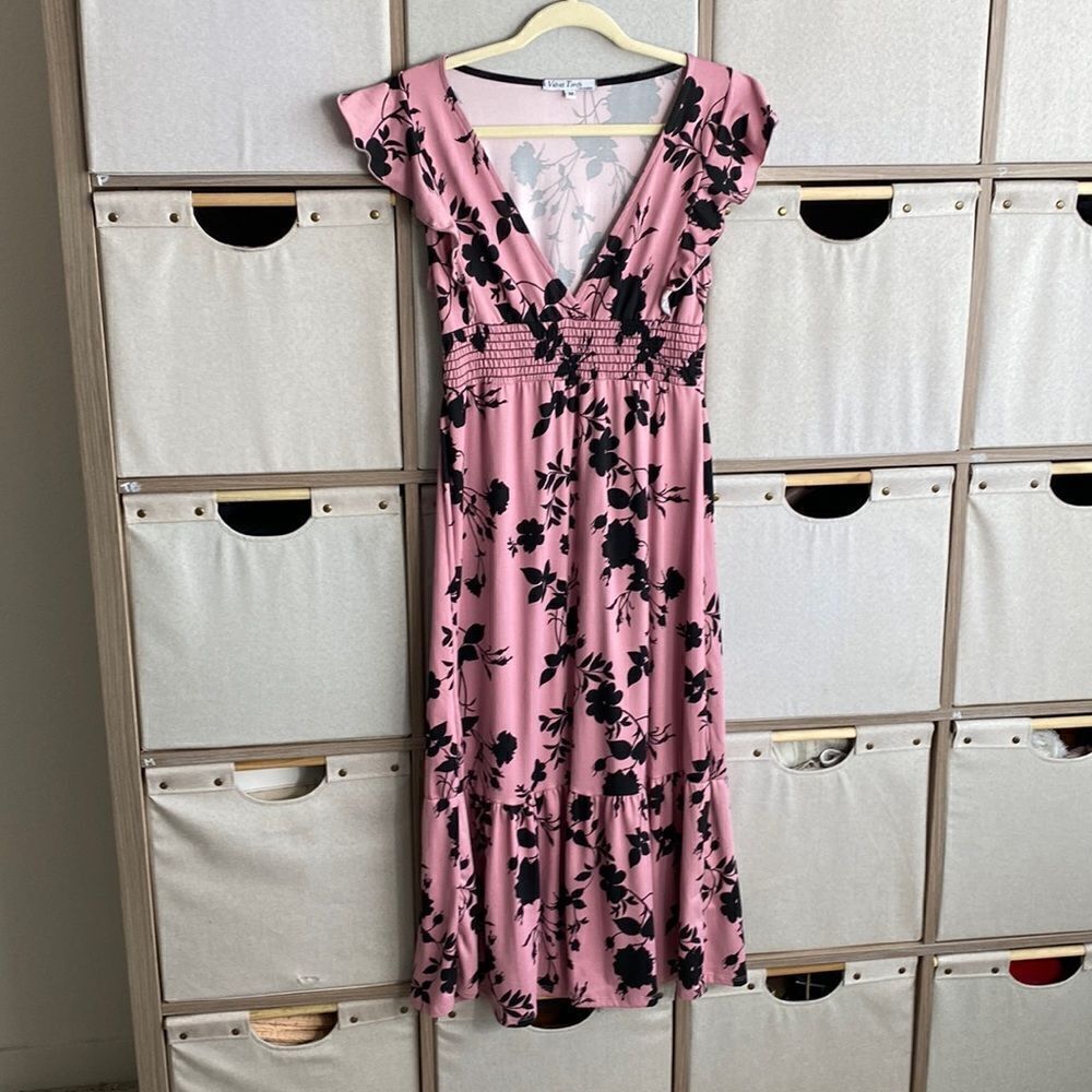 Velvet torch smocked waist ruffle sleeve midi dress